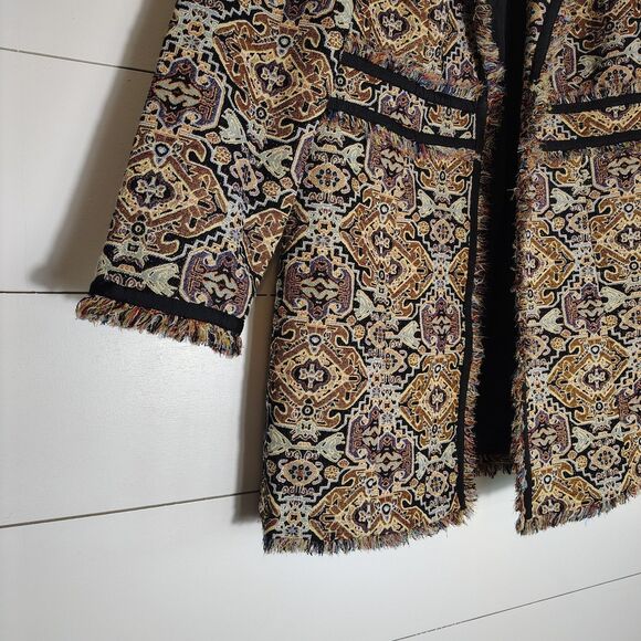 Chicos Floral Tapestry Jacket Size 1 Med Duster Fringe Jacquard Topper Boho - Picture 2 of 12